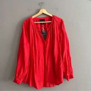 Cynthia  Rowley Button Up Embroidered Blouse Long Sleeve Boho Holiday Red Sz 1X